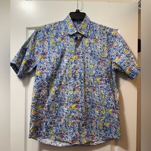 Alan Flusser Paisley Blue Green Multicolor Short Sleeve Button Up Shirt Mens M